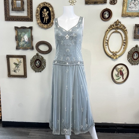 Vintage Dresses & Skirts - Vintage antique 1940s Slate Blue Beaded Mesh Flapper Midi Dress Size 8